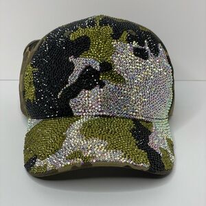 Rhinestone Camo Baseball Hat - Olive Green & Black
